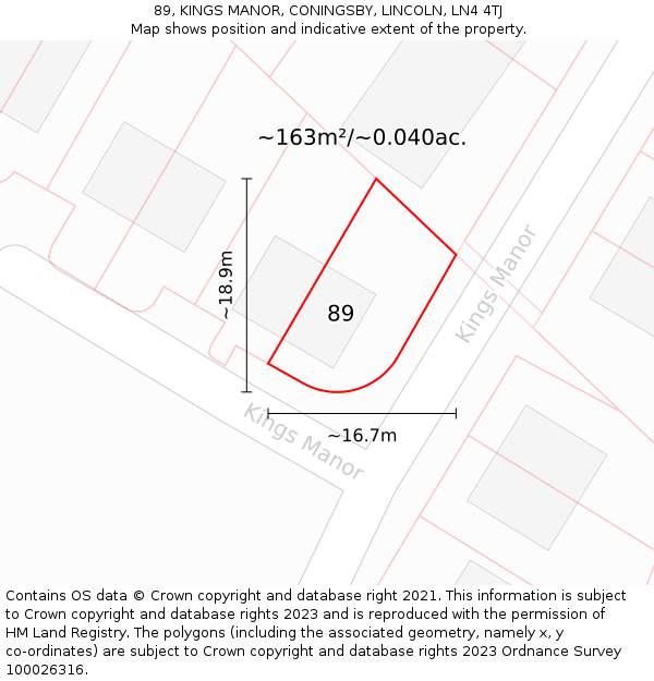 89, KINGS MANOR, CONINGSBY, LINCOLN, LN4 4TJ: Plot and title map