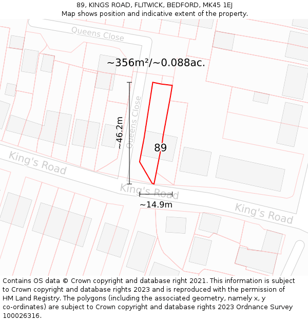 89, KINGS ROAD, FLITWICK, BEDFORD, MK45 1EJ: Plot and title map