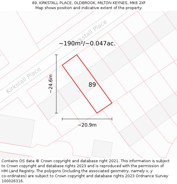 89, KIRKSTALL PLACE, OLDBROOK, MILTON KEYNES, MK6 2XF: Plot and title map