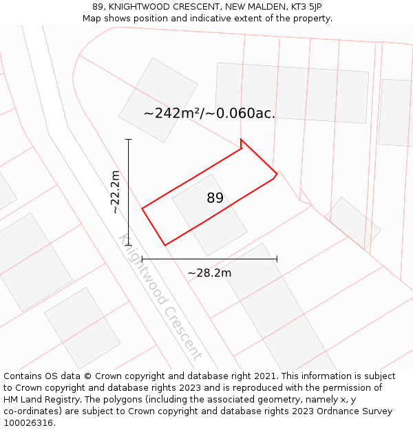89, KNIGHTWOOD CRESCENT, NEW MALDEN, KT3 5JP: Plot and title map