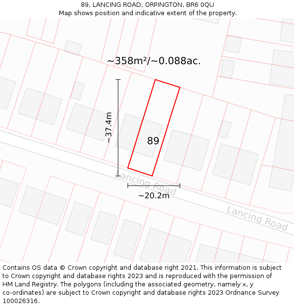 89, LANCING ROAD, ORPINGTON, BR6 0QU: Plot and title map