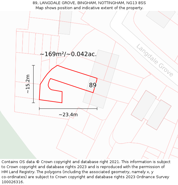 89, LANGDALE GROVE, BINGHAM, NOTTINGHAM, NG13 8SS: Plot and title map