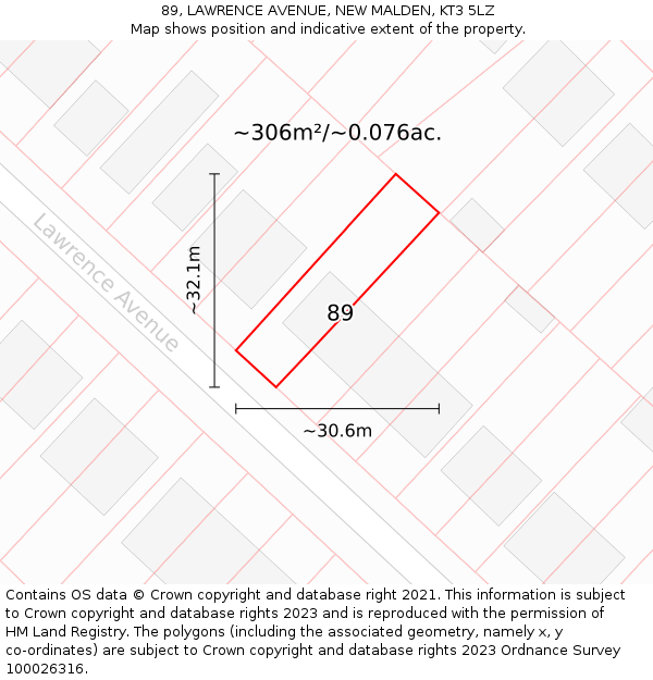 89, LAWRENCE AVENUE, NEW MALDEN, KT3 5LZ: Plot and title map