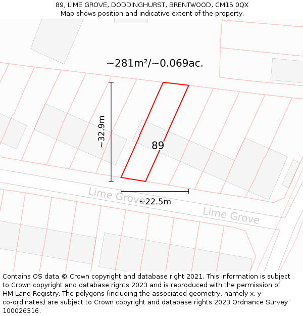 89, LIME GROVE, DODDINGHURST, BRENTWOOD, CM15 0QX: Plot and title map