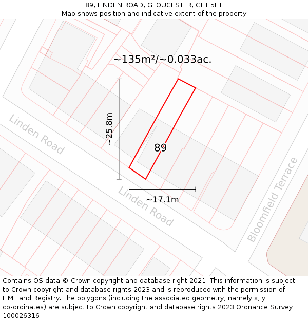 89, LINDEN ROAD, GLOUCESTER, GL1 5HE: Plot and title map