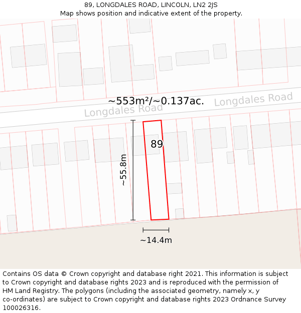 89, LONGDALES ROAD, LINCOLN, LN2 2JS: Plot and title map