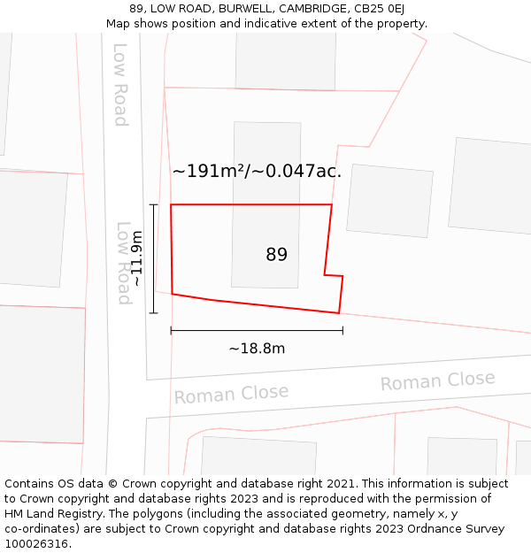 89, LOW ROAD, BURWELL, CAMBRIDGE, CB25 0EJ: Plot and title map