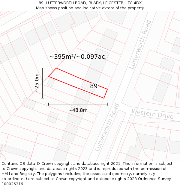 89, LUTTERWORTH ROAD, BLABY, LEICESTER, LE8 4DX: Plot and title map