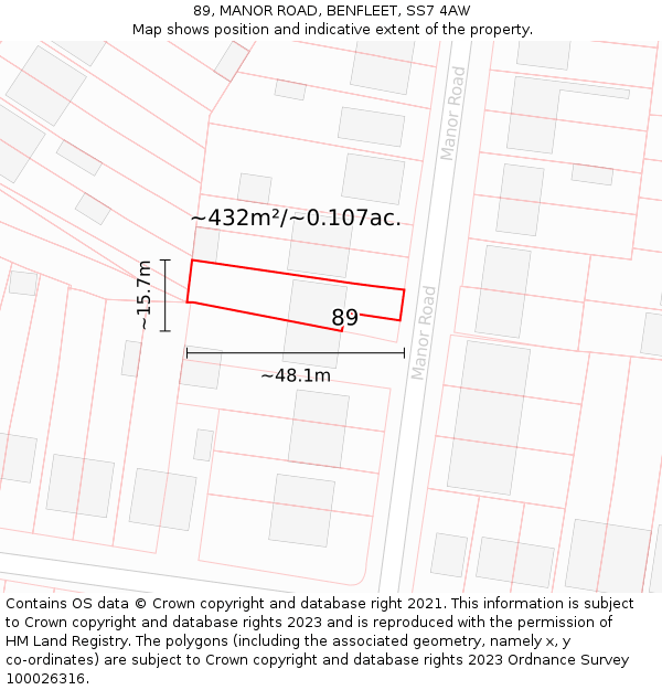 89, MANOR ROAD, BENFLEET, SS7 4AW: Plot and title map
