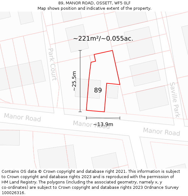 89, MANOR ROAD, OSSETT, WF5 0LF: Plot and title map