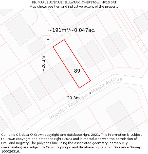 89, MAPLE AVENUE, BULWARK, CHEPSTOW, NP16 5RT: Plot and title map