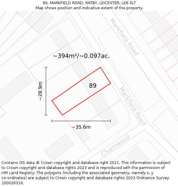 89, MARKFIELD ROAD, RATBY, LEICESTER, LE6 0LT: Plot and title map