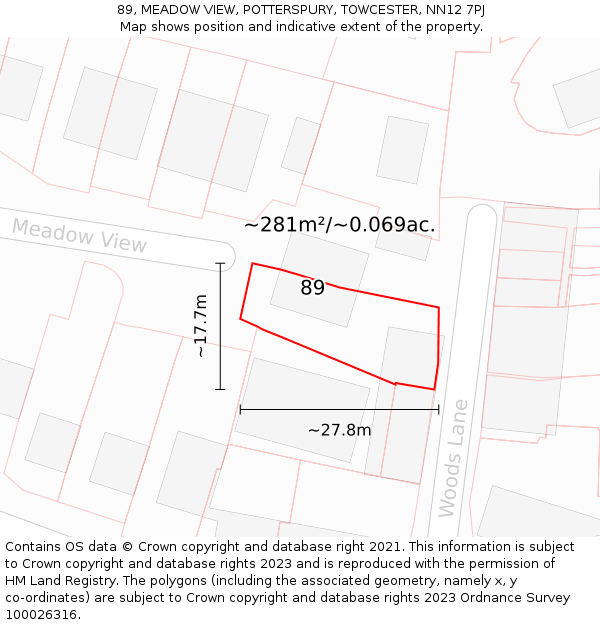 89, MEADOW VIEW, POTTERSPURY, TOWCESTER, NN12 7PJ: Plot and title map