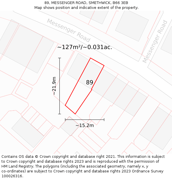 89, MESSENGER ROAD, SMETHWICK, B66 3EB: Plot and title map