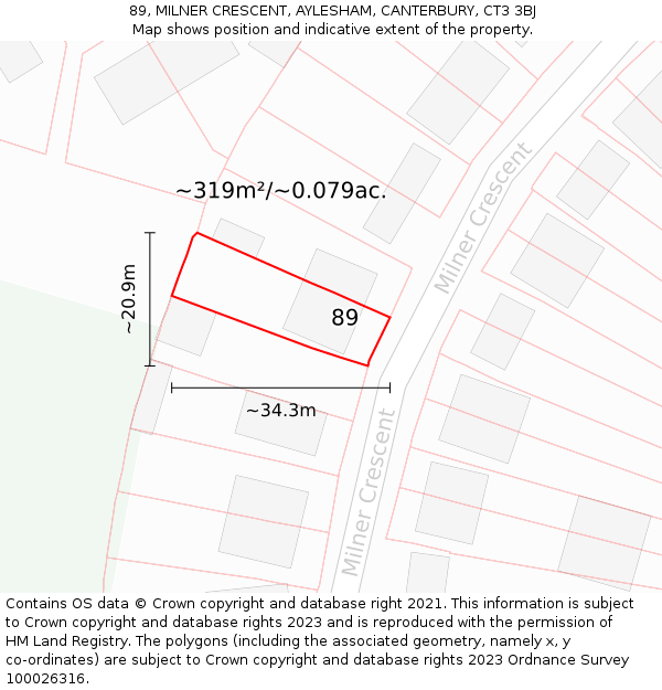 89, MILNER CRESCENT, AYLESHAM, CANTERBURY, CT3 3BJ: Plot and title map