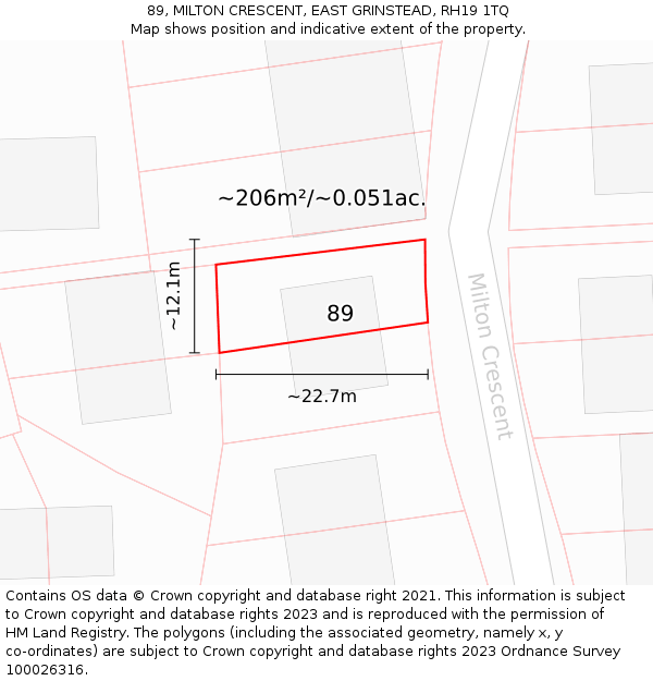 89, MILTON CRESCENT, EAST GRINSTEAD, RH19 1TQ: Plot and title map