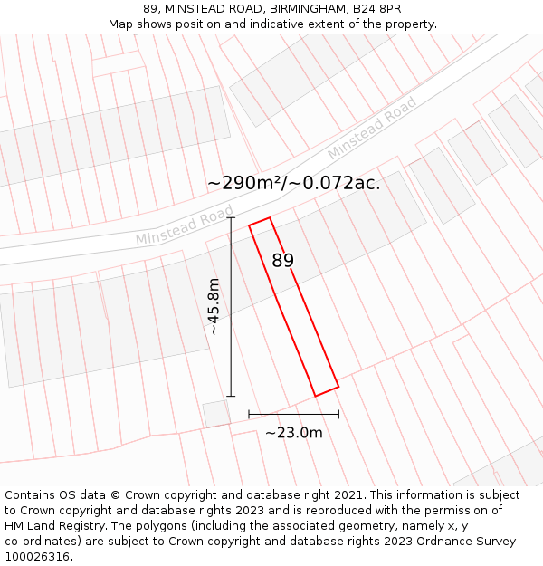 89, MINSTEAD ROAD, BIRMINGHAM, B24 8PR: Plot and title map