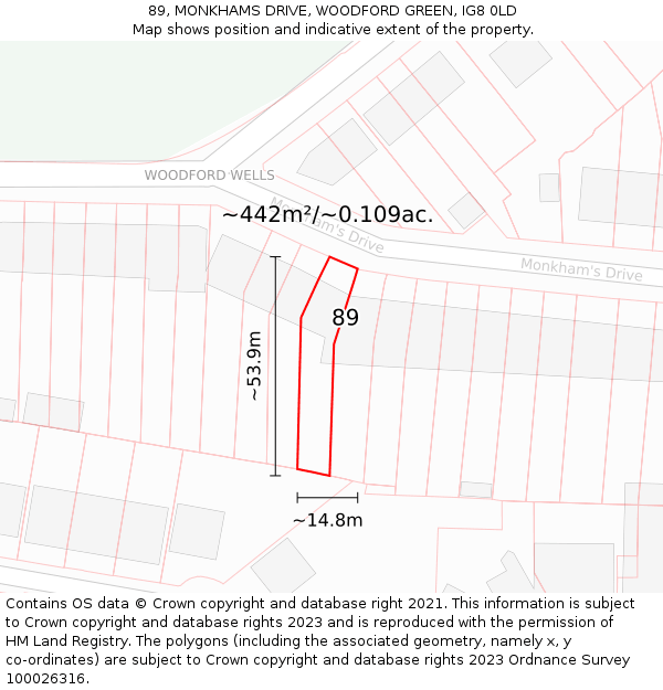 89, MONKHAMS DRIVE, WOODFORD GREEN, IG8 0LD: Plot and title map