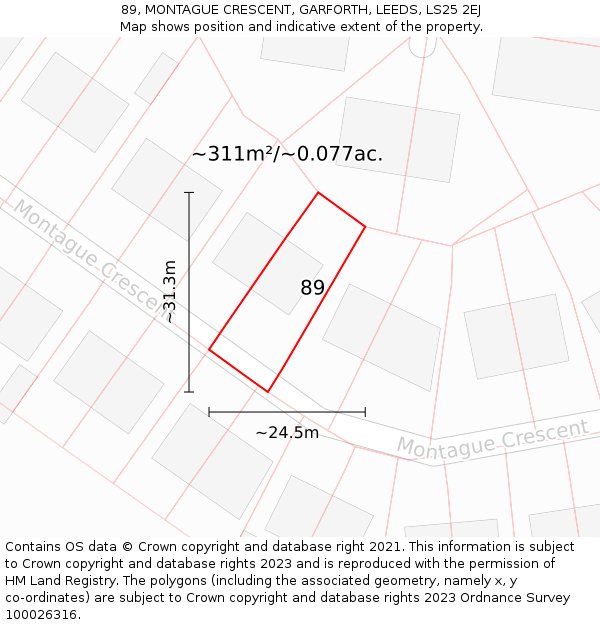 89, MONTAGUE CRESCENT, GARFORTH, LEEDS, LS25 2EJ: Plot and title map