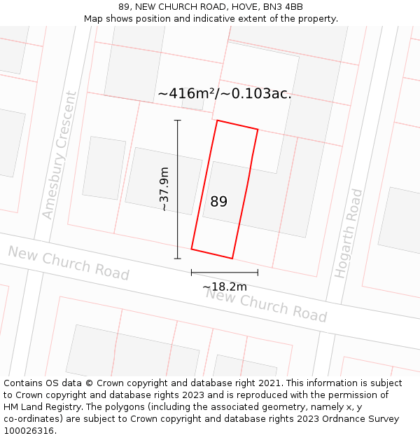 89, NEW CHURCH ROAD, HOVE, BN3 4BB: Plot and title map