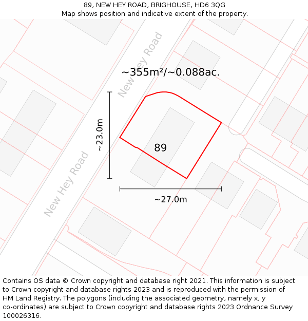 89, NEW HEY ROAD, BRIGHOUSE, HD6 3QG: Plot and title map