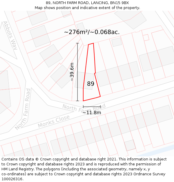 89, NORTH FARM ROAD, LANCING, BN15 9BX: Plot and title map