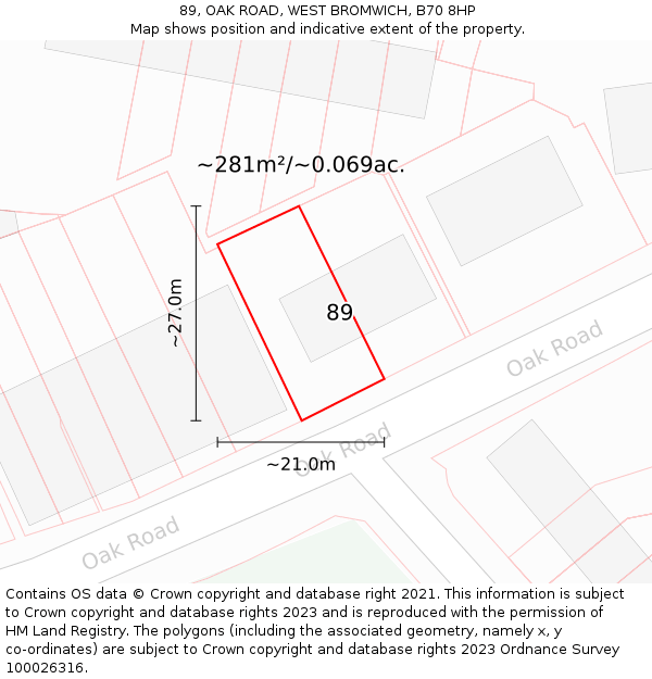 89, OAK ROAD, WEST BROMWICH, B70 8HP: Plot and title map