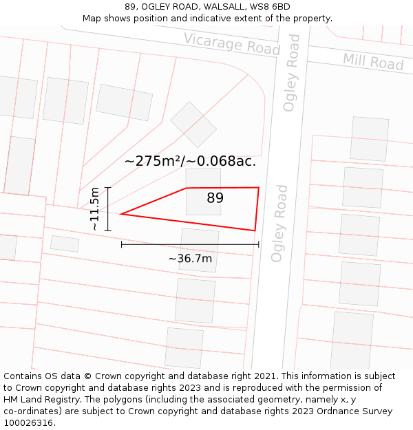 89, OGLEY ROAD, WALSALL, WS8 6BD: Plot and title map