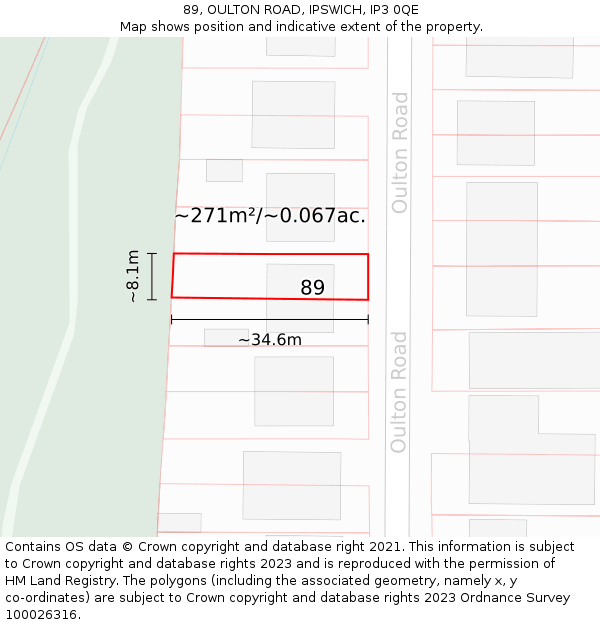 89, OULTON ROAD, IPSWICH, IP3 0QE: Plot and title map