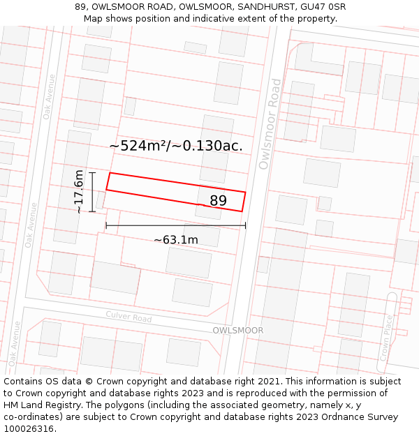 89, OWLSMOOR ROAD, OWLSMOOR, SANDHURST, GU47 0SR: Plot and title map