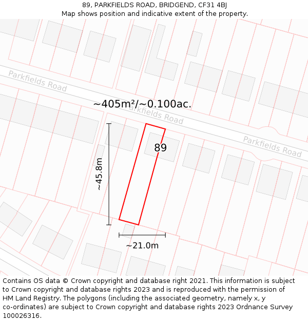 89, PARKFIELDS ROAD, BRIDGEND, CF31 4BJ: Plot and title map
