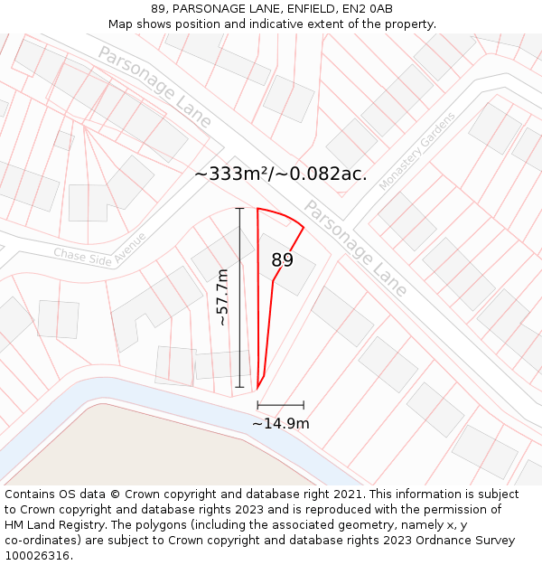 89, PARSONAGE LANE, ENFIELD, EN2 0AB: Plot and title map