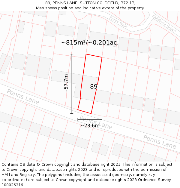 89, PENNS LANE, SUTTON COLDFIELD, B72 1BJ: Plot and title map