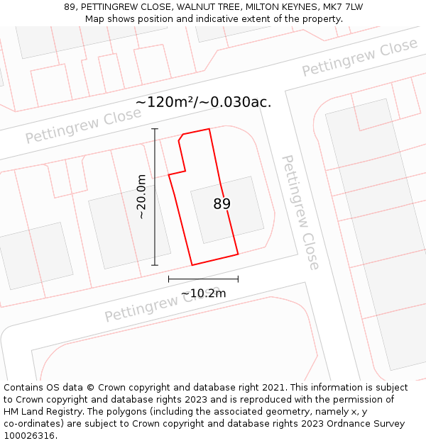 89, PETTINGREW CLOSE, WALNUT TREE, MILTON KEYNES, MK7 7LW: Plot and title map