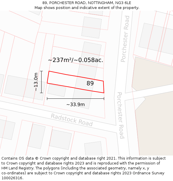 89, PORCHESTER ROAD, NOTTINGHAM, NG3 6LE: Plot and title map