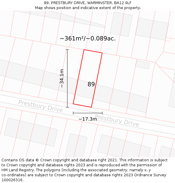 89, PRESTBURY DRIVE, WARMINSTER, BA12 9LF: Plot and title map