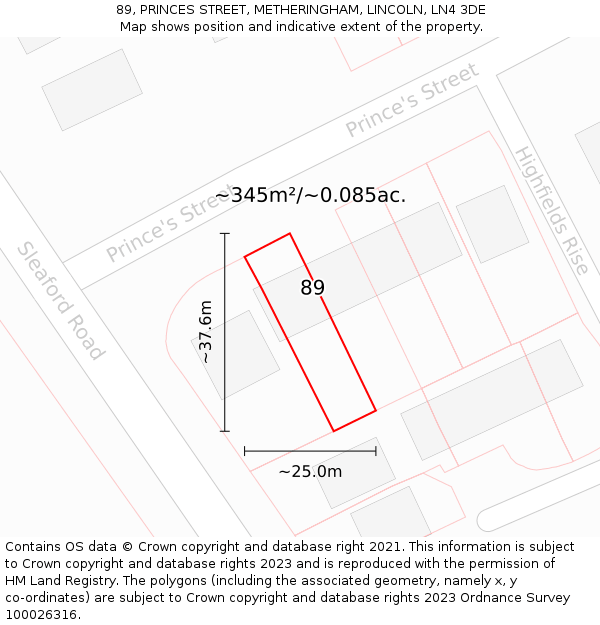 89, PRINCES STREET, METHERINGHAM, LINCOLN, LN4 3DE: Plot and title map