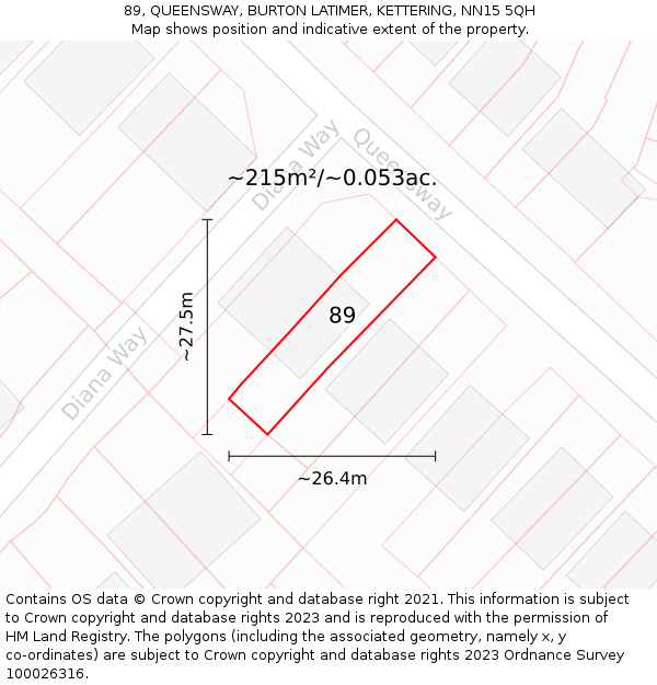 89, QUEENSWAY, BURTON LATIMER, KETTERING, NN15 5QH: Plot and title map
