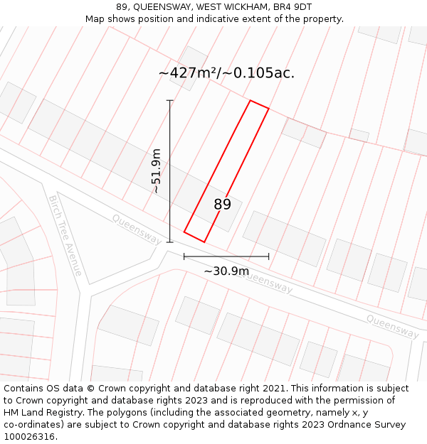 89, QUEENSWAY, WEST WICKHAM, BR4 9DT: Plot and title map