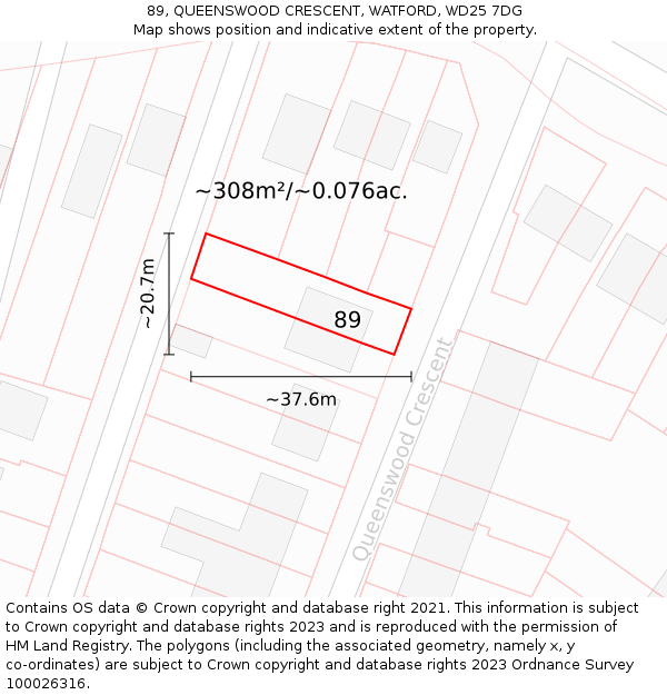 89, QUEENSWOOD CRESCENT, WATFORD, WD25 7DG: Plot and title map