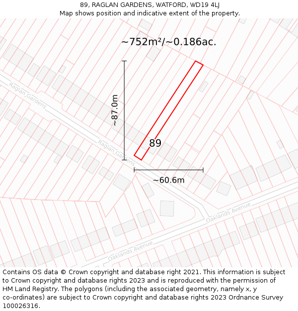 89, RAGLAN GARDENS, WATFORD, WD19 4LJ: Plot and title map