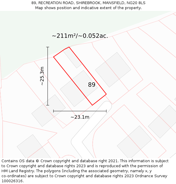 89, RECREATION ROAD, SHIREBROOK, MANSFIELD, NG20 8LS: Plot and title map