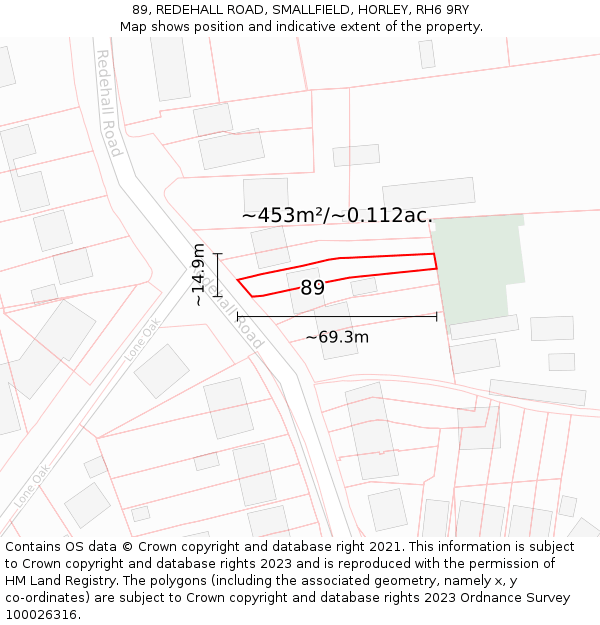 89, REDEHALL ROAD, SMALLFIELD, HORLEY, RH6 9RY: Plot and title map