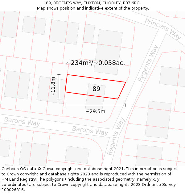 89, REGENTS WAY, EUXTON, CHORLEY, PR7 6PG: Plot and title map
