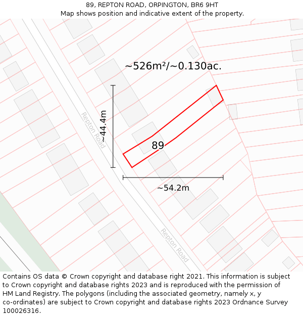 89, REPTON ROAD, ORPINGTON, BR6 9HT: Plot and title map