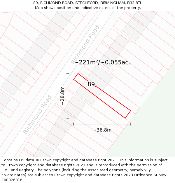 89, RICHMOND ROAD, STECHFORD, BIRMINGHAM, B33 8TL: Plot and title map