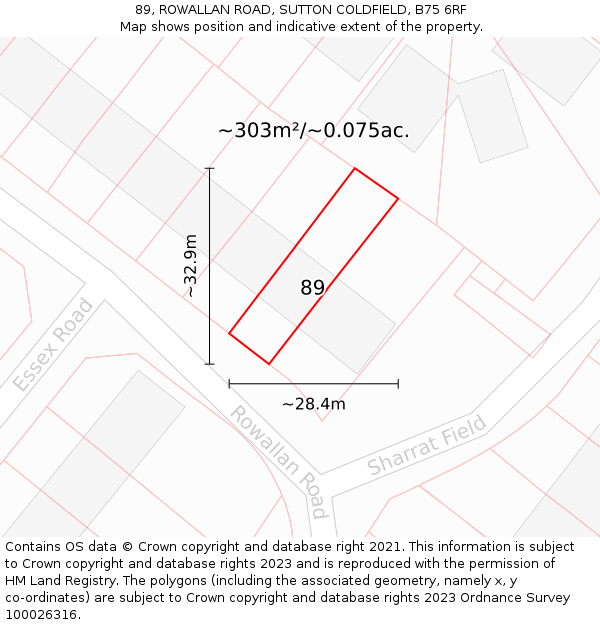 89, ROWALLAN ROAD, SUTTON COLDFIELD, B75 6RF: Plot and title map