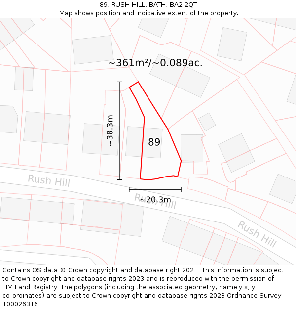 89, RUSH HILL, BATH, BA2 2QT: Plot and title map
