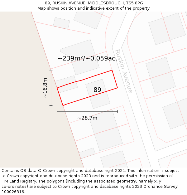 89, RUSKIN AVENUE, MIDDLESBROUGH, TS5 8PG: Plot and title map