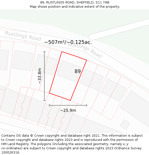 89, RUSTLINGS ROAD, SHEFFIELD, S11 7AB: Plot and title map